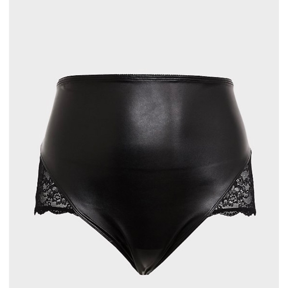 BLACK FAUX PLEATHER & LACE LACE-UP HIGH WAIST PANTY NWT